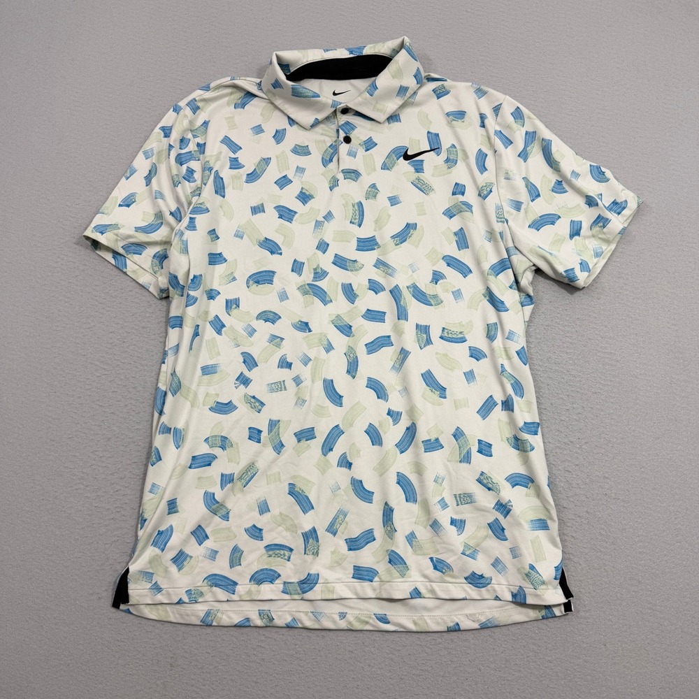 Nike Polo Mens Large White Blue Dri-Fit FD5735-072 Brushstroke Print Polo Golf